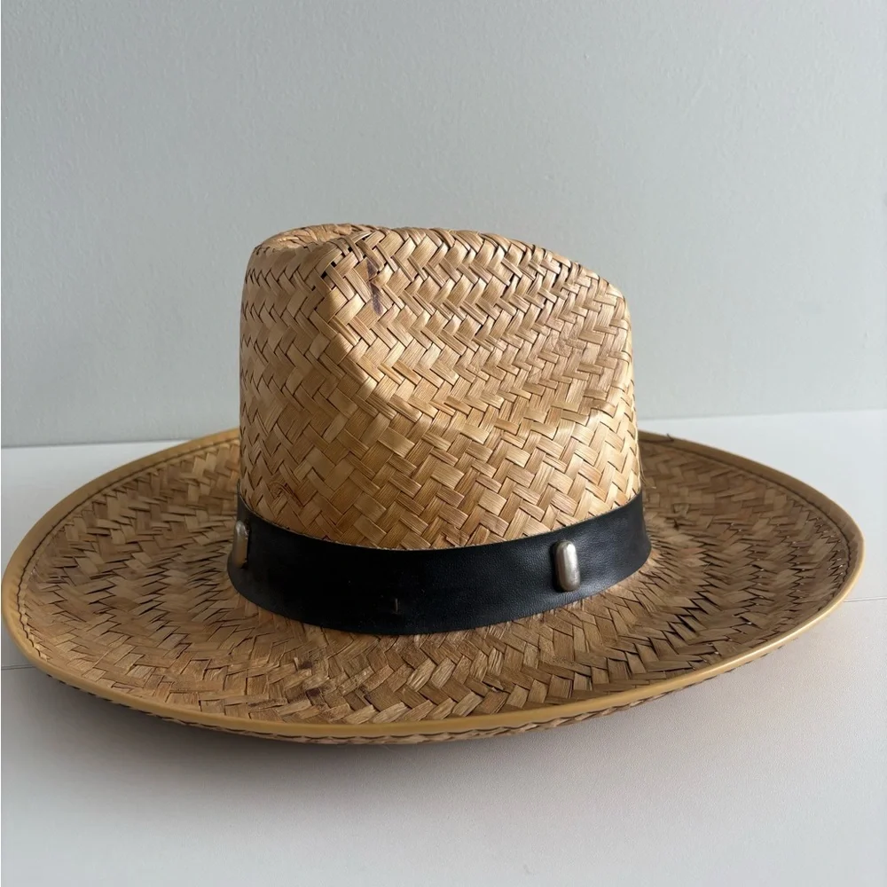 Woven Straw Hat Wide Brim Western Boho Festival Cowboy Style Leather Band